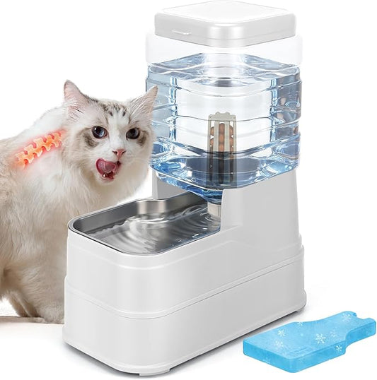 1.6 Gallon Pet Automatic Dog Water Dispenser Cat Gravity Waterer Feeder with Stainless Steel Bowl Large Capacity Puppy Feeding Raised Bowls with Filter,Ice Pack (White, 6L(1.6 Gallon))