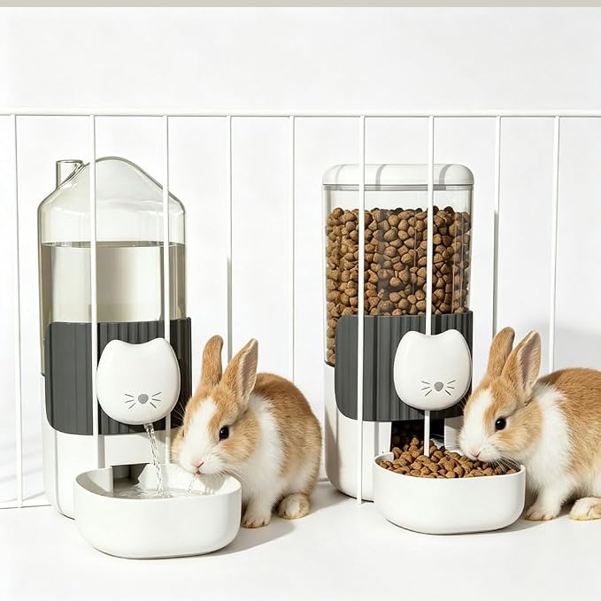 Hanging Automatic Cat Feeder and Water Dispenser Set, Gravity Pet Food & Water Bowl for Wire Cage, No-Spill Pet Feeding Station for Small Dogs Rabbits (Grey)
