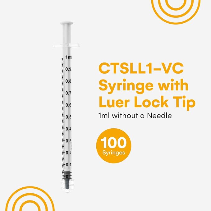 Care Touch CTSLL1-VC Syringe with Luer Lock Tip, 1ml, 100 Syringes without a Needle