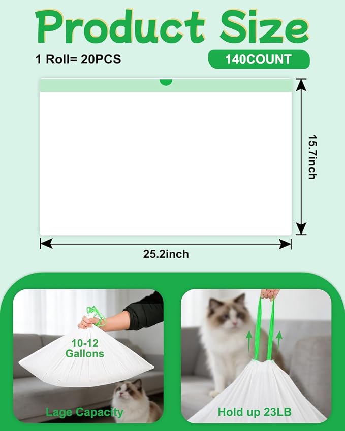 140 Count Cat Litter Bags Liners, Pre-separated Litter Robot Bags for Automatic Litter Boxes & Litter Robot 4/5/3, Thick 10-12 Gal Cat Waste Bags with Strong Ties, Fits Pans Under 24"