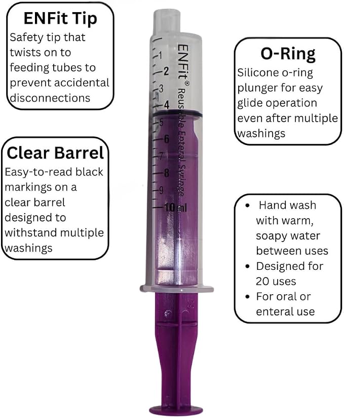 Envue ENFit 10mL Reusable O-Ring bFed Syringe for Tube Feeding, 25-Pack, Purple Plunger
