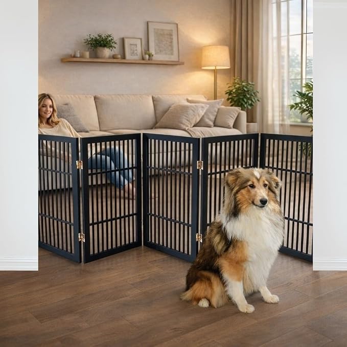 Urnporium Pet Dog Gate Freestanding, Strong Durable Folding Wooden Fence, Portable Acacia Hardwood Safety Barrier for Indoor & Outdoor Use (Black Pet Gate, 5 Panel 30" Tall)