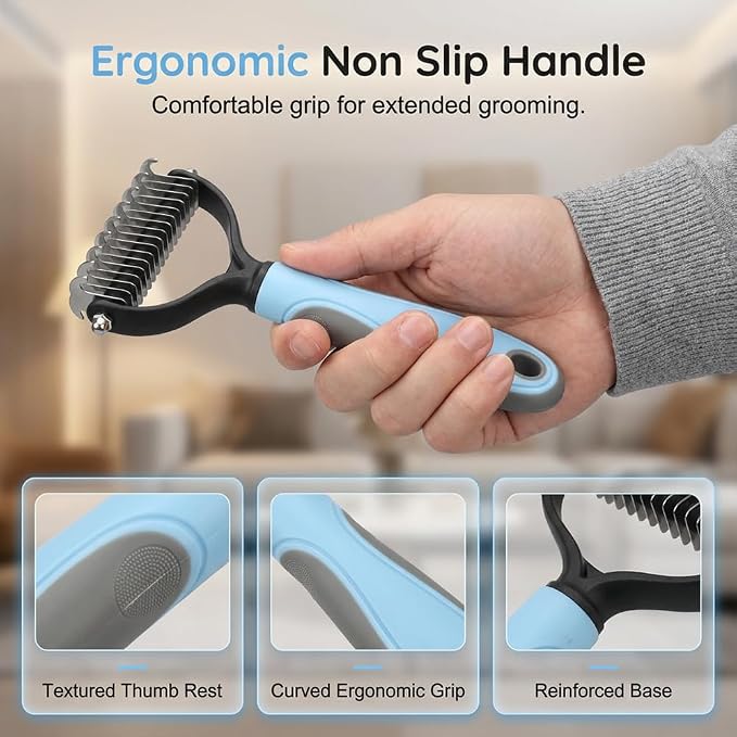 Double Sided Dematting Comb for Cats & Dogs, Undercoat Rake for Small & Large Breeds, Safe Deshedding Grooming Tool for Long Thick Haired Pets, Ergonomic Pet Grooming Brush (Blue, Large)