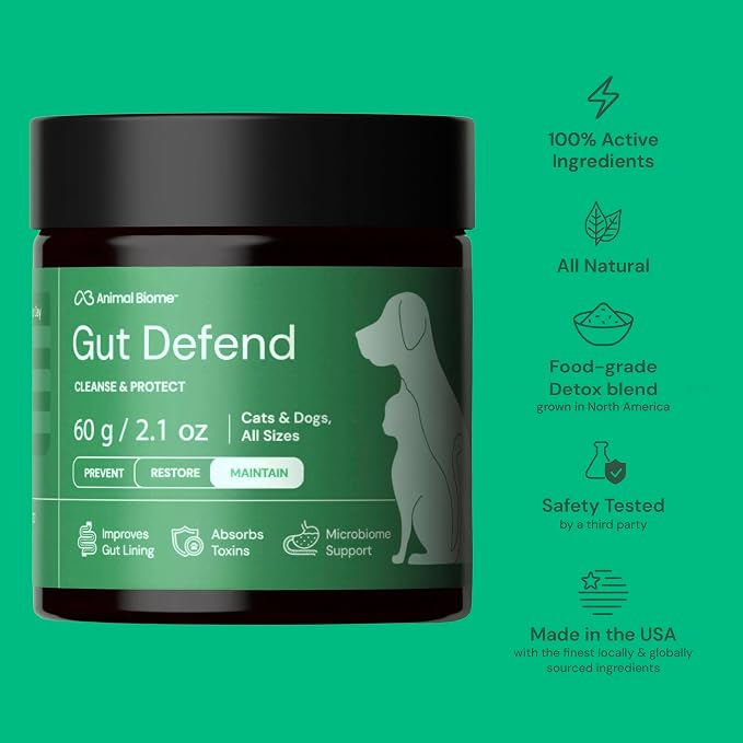 Animal Biome Gut Defend Health Supplement for Dogs & Cats 60g (70 Scoops), Supports Microbiome Balance, Toxin Binding, Natural Pathogen & Digestive Lining Defense, Detox & Immune Support, Food Topper