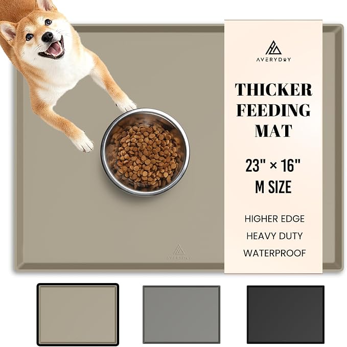 AVERYDAY 100% Waterproof Thicker Silicone Dog Food Mat, 0.63'' Raised Edge Bowl Mat for Food & Water, Non Slip Pet Feeding Placemat for Messy Drinkers, Perfect for Large Medium Small Breeds, 23"x16"