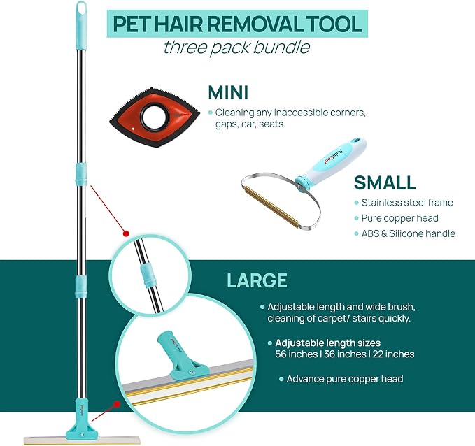 Carpet Rake for Pet Hair Removal, 3-Pack Reusable Dog & Cat Hair Remover Tool Set, Adjustable 56in Long Handle Carpet Rake + Mini Lint Brushes for Rugs, Couches, Floor Mats, Stairs, Car Seats