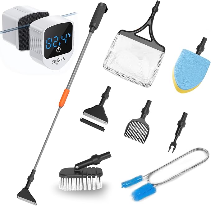 SEAOURA Fish Tank Cleaner Kit with Aquarium Magnetic Cleaner (White) & 7-in-1 Aquarium Cleaning Kit