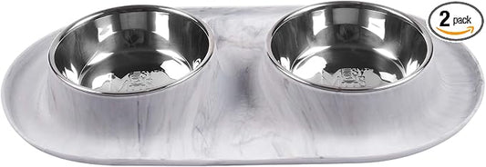 Messy Mutts Double Silicone Feeder with Stainless Bowls | Non-Skid Food Dishes for Dogs for All Pets | Dog Food Bowls | Medium, 1.5 Cups Per Bowl | Marble
