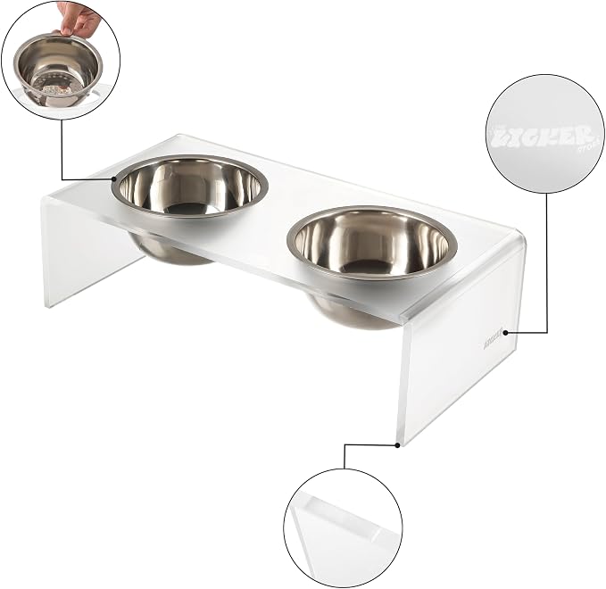 DBL2001K Keaton 7.5" Medium/Large Modern Acrylic Rectangular Elevated Pet Feeder with 54oz 2-Stainless Steel Bowls, Moon White/Chrome