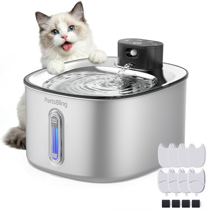 PartsBling Cordless Cat Water Fountain Stainless Steel, 4.2L/142oz Battery Operated Pet Fountain, Ultra Quiet Water Dispenser Cats&Dogs, 5000mAh Rechargeable, Easy to Clean, Includes 4 Filters, Black