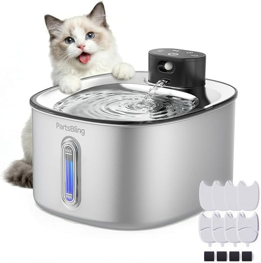 PartsBling Cordless Cat Water Fountain Stainless Steel, 4.2L/142oz Battery Operated Pet Fountain, Ultra Quiet Water Dispenser Cats&Dogs, 5000mAh Rechargeable, Easy to Clean, Includes 4 Filters, Black