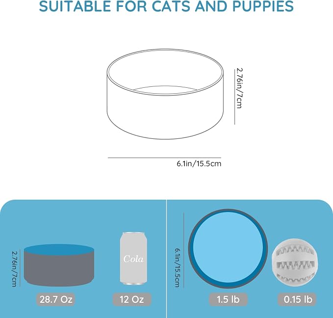 SPUNKYJUNKY 28.7OZ Ceramic Dog and Cat Bowl, Modern Cute Weighted Food Water Bowl for Replace Blue-Grey (1 Pack)