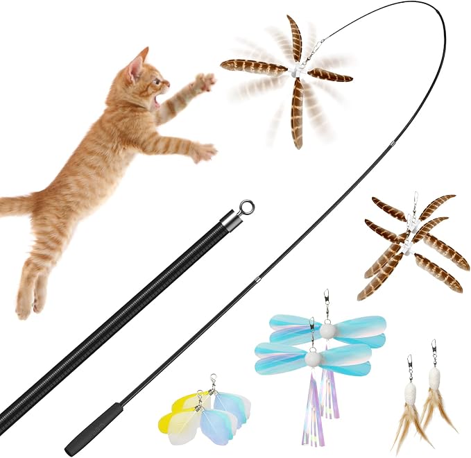 uahpet Natural Feather Cat Toys for Indoor Cats Retractable Cat Wand 60inch Safe Hunting Distance Interactive Toys for Kittens with 8Pcs Different Senses Replacement Teasers