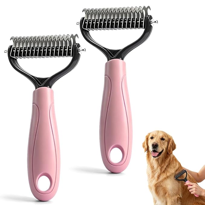 2-in-1 Dematting Comb for Dogs Cats, Double-Sided Undercoat Rake Deshedding Brush, Pet Pro Grooming Tool Removes Tangles Knots Fur, Gentle Grooming Brush for Long Haired Pets (2PCS, Pink)