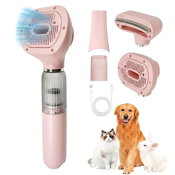 Vacuum Grooming Brush for Dog,4-In-1 Slicker Brush Kit for Shedding, Undercoat Deshedding Tool,Loose Hair Remover for Dog & Cat, Portable Pet Grooming Vacuum (white) (pink)