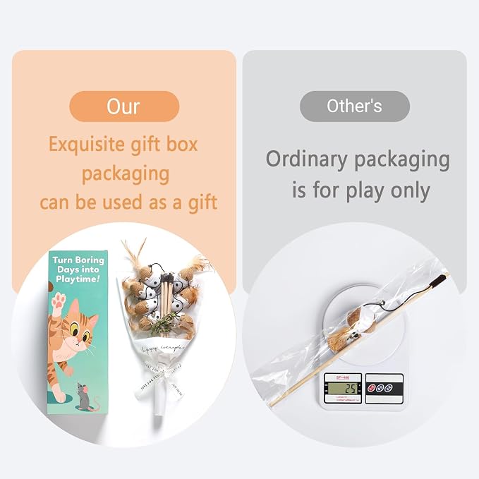 Cat Teaser Bouquet - 7 PCS Interactive Cat Toys on Wooden Handle with Feathers, Bells & Crinkle Mice | Gift Ready Kitty Play Set for Indoor Cats | 40 Inch Wand with Elastic String