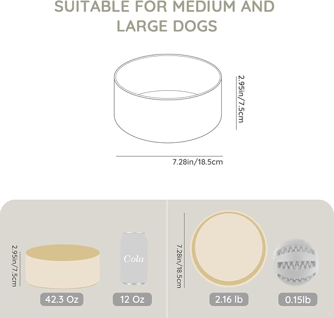 SPUNKYJUNKY 42OZ Ceramic Dog and Cat Bowl, Modern Cute Weighted Food Water Bowl for Replacement Beige (2 Pack)