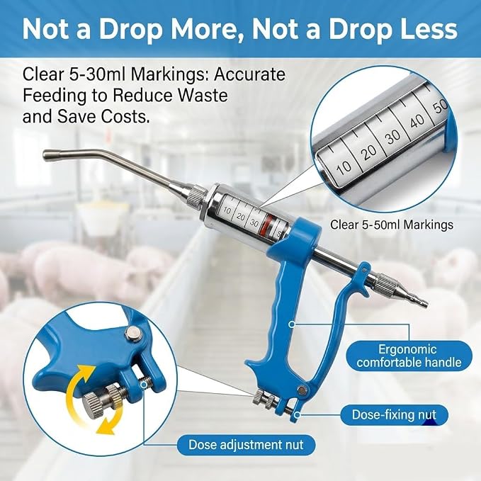 50ml Adjustable Veterinary Metal Liquid Feeding Dispenser, Continuous Dosing Applicator for Sheep, Cow, Pig, Horse | Heavy-Duty Reusable Livestock Supplementation Tool