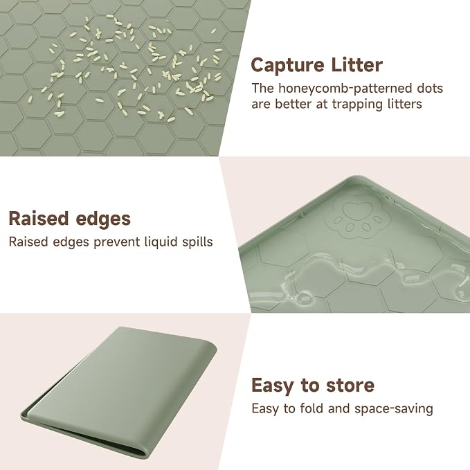 Cat Mat for Litter Box, 40" X 28" Large Silicone Cat Litter Trapping Mat, Waterproof Cat Litter Mat, Soft on Kitty Paws, Urine-Proof, Non-Slip Kitty Scratch Pad for Floor(Green)