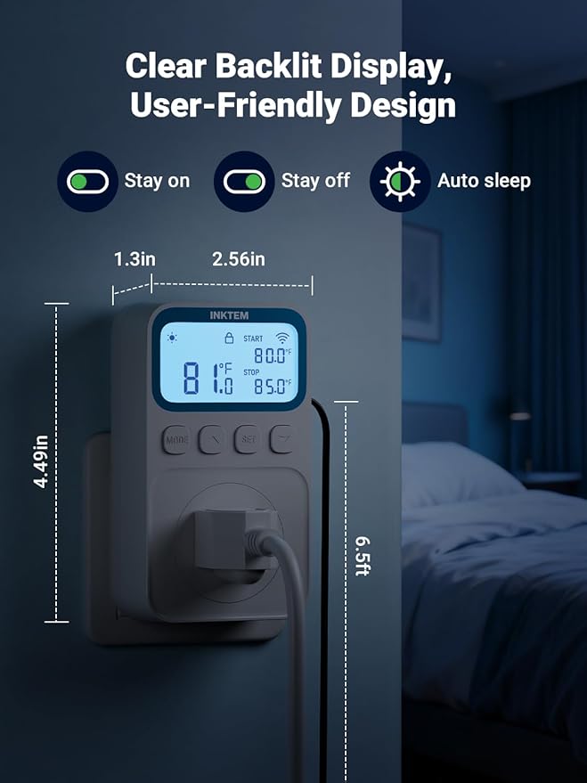 WiFi Plug in Thermostat Outlet, Temperature Controlled Outlet with Smart APP, Timer & Memory Digital Temp Controller -40~212℉, IP67 Waterproof Probe for Incubator Homebrew Reptile Space Heater | 16A
