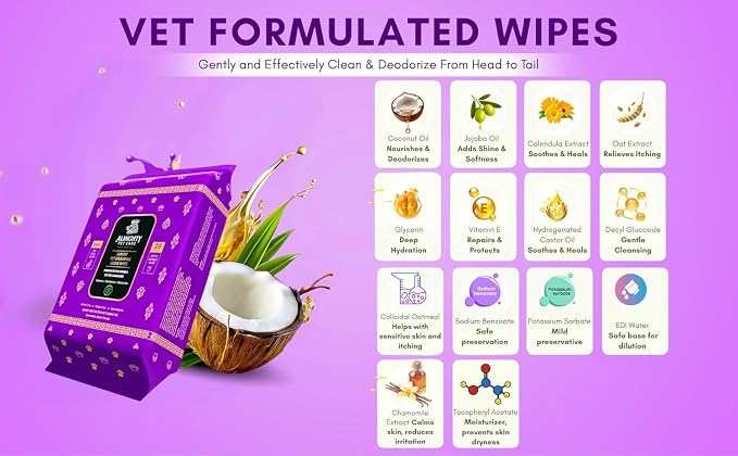Premium Pet Grooming Glove Wipes for Dogs & Cats, 3X Thick No-Rinse Bathing Gloves, Hypoallergenic Deodorizing Paw & Body Cleaner, Natural Extracts to Hydrate & Nourish, 20 Count, Coconut Scent