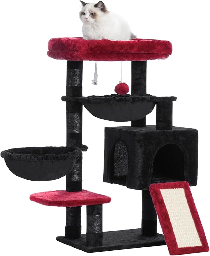 Hey-brother Gothic Cat Tree, Cat Tower for Indoor Cats, Cat House with Large Padded Bed, Cozy Condo, Hammocks, Sisal Scratching Posts, Big Scratcher, Black and Red MPJ006SBR