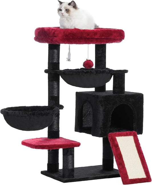 Hey-brother Gothic Cat Tree, Cat Tower for Indoor Cats, Cat House with Large Padded Bed, Cozy Condo, Hammocks, Sisal Scratching Posts, Big Scratcher, Black and Red MPJ006SBR