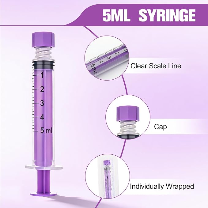 5ml Syringe with Cap, 5cc Plastic Syringes for Liquid, Feeding, Individually Wrapped 50 Pack
