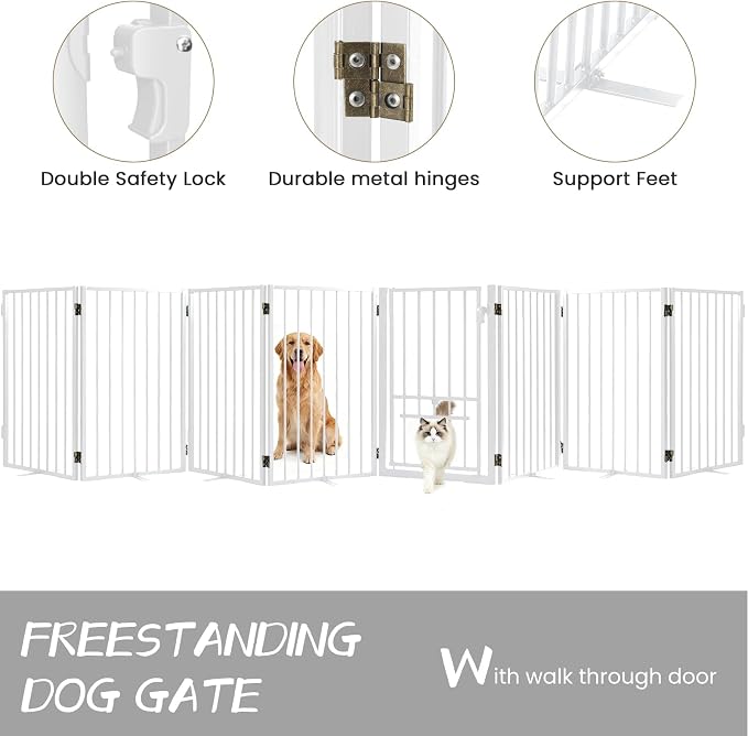 Metal Freestanding Dog Gate with Cat Door for Outdoor & Indoor,34" Tall Foldable Pet Fence,160" Extra Wide Free Standing Dog Gate for RV Camping,Stairs,Hallways,Doorways,Deck,Yard (8 Panels,White)