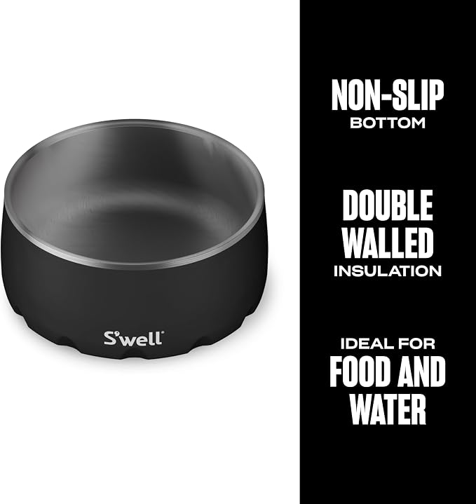 S'well Stainless Steel Pet Bowl, 32oz, Onyx, for Small to Medium Size Dogs, Mess Free Design with Non Slip Rubber Bottom, Dishwasher Safe, BPA Free