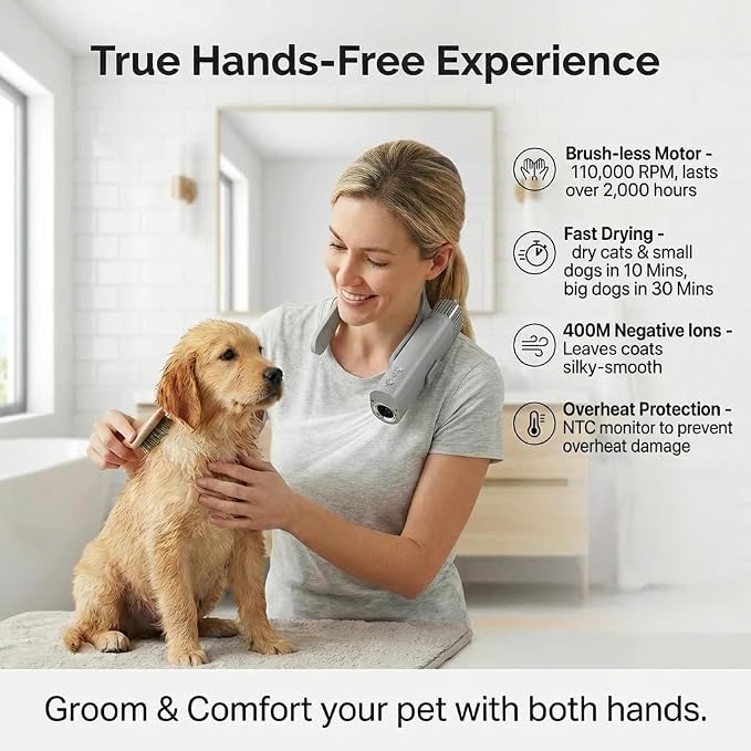 Hands Free Neck Hanging Dog Dryer, Low Noise Grooming Blower for Dogs Cats, Ultra-Lightweight Neck Dryer for Deshedding and Fast Drying | Hands-Free Neck Hanging Pet Dryer, 60dB Quiet, 235g Lightweight, 4 Temp & 2 Speed