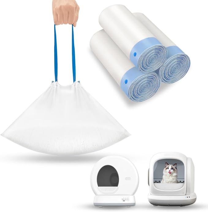 60 Count Drawstring Cat Litter Bags Compatible with MeoWant MW-SC02/MW-SC01/MW-LR01,Thick Automatic & Self Cleaning Cat Litter Box Liners,Tear-Resistant Trash Bags,Heavy Duty,Leak-Proof