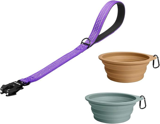 PetBonus Heavy Duty 24 Inch Short Dog Leash and 2-Pack Large Silicone Collapsible Dog Bowls
