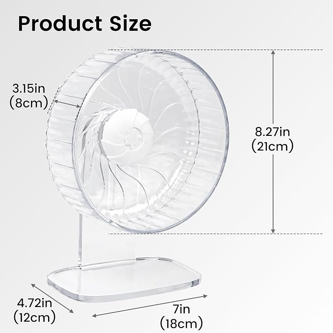 Silent Hamster Wheel, 8in Hamster Wheel with Adjustable Stand, Double-Bearing Quiet Spinner for Syrian Hamsters, Hedgehogs, Mice & Small Pets, Clear