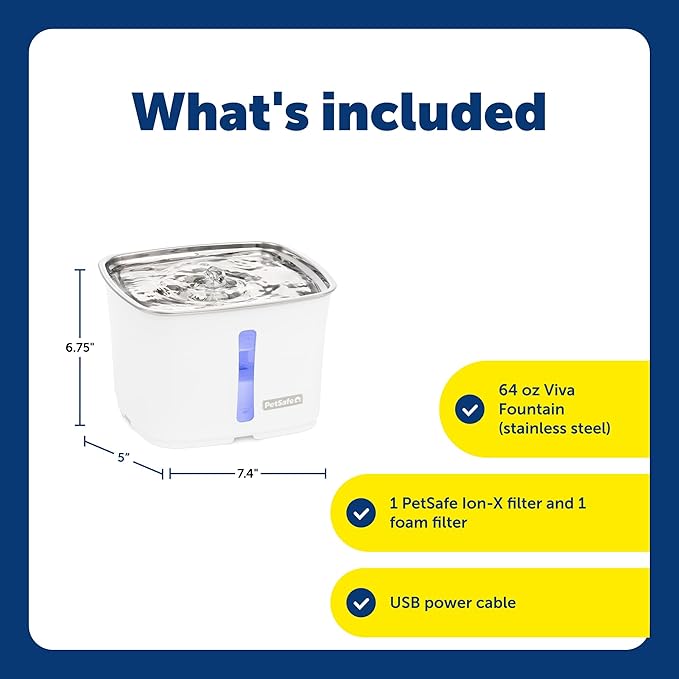 PetSafe Viva Cat Water Fountain (64oz/1.8L) Indoor Water Dispenser for Cats and Small Dogs, Stainless-Steel Bowl with Whisper Quiet Pump, Dishwasher Safe, Easy to Clean, Water Filters Included