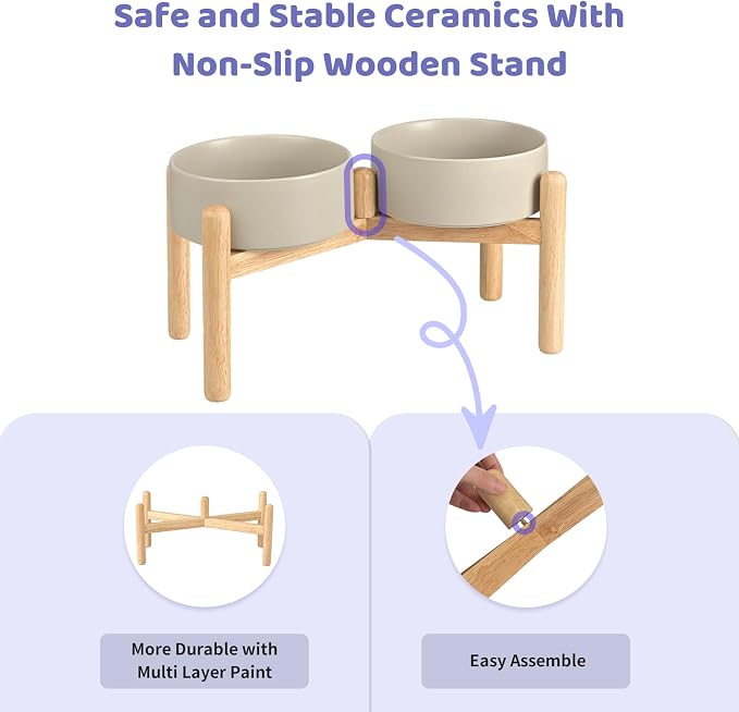SPUNKYJUNKY Ceramics Elevated Dog Bowls with Wooden Stand - Raised Dog Bowl for Medium Large Dogs - Double 60OZ Bowls, Grey