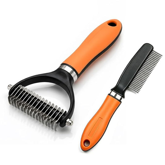 Dog Brush and Cat Deshedding Rake, Pet Grooming Tool for Shedding with Rounded Stainless Steel Teeth, Comfortable Grip for Long or Thick Coats (Orange with Comb)