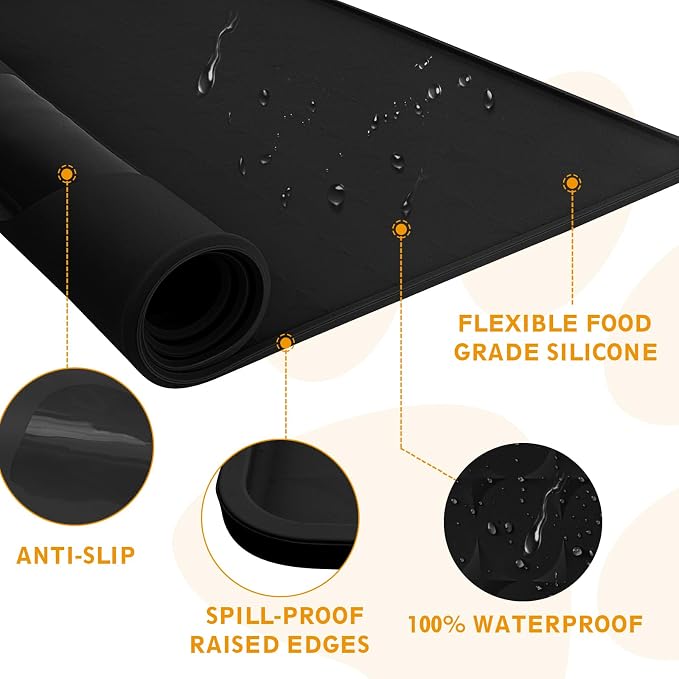 Extra Large Silicone Dog Food Mat 33.9"x21.9" – 0.27" Raised Edge Waterproof Pet Feeding Mat, Non-Slip Placemat for Multiple Bowls, Auto Feeders, Cat Fountains, Dishwasher Safe (Black/Gray)