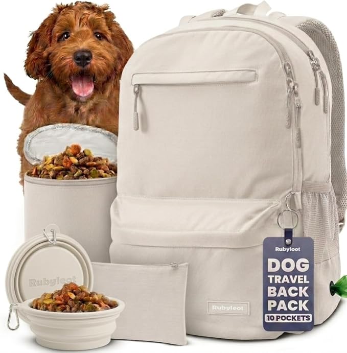 Dog Travel Bag for Supplies - Complete Dog Diaper Bag Backpack with 2 BPA-Free Travel Bowls, Treat Pouch, Food Container, Placemat & Laptop Sleeve – for Traveling, Road Trips, Hiking: Beige