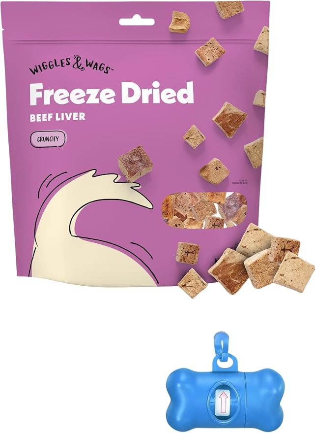 Bundle - Wiggles & Wags Freeze Dried Beef Liver Dog Treats 10oz, Crunchy Training Treats with Free Bone Shaped Waste Bag Dispenser & Free Roll