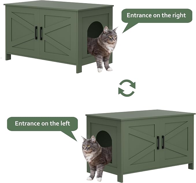 Homhedy Cat Litter Box Enclosure,Litter Box Furniture Hidden with Barn Door,Wooden Cat Washroom Furniture, Fit Most of Litter Box, Green