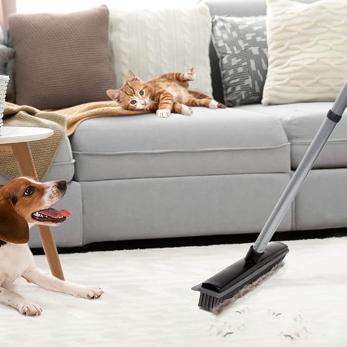 Rubber Broom with Squeegee Fur and Long Handle, Carpet Rake and Lint Brush Set for Pet Dog Cat Hair Removal Tool, Sweeping Rug Brush Indoor Outdoor,Push Broom for Soft Carpet,Tile,Wooden Floor