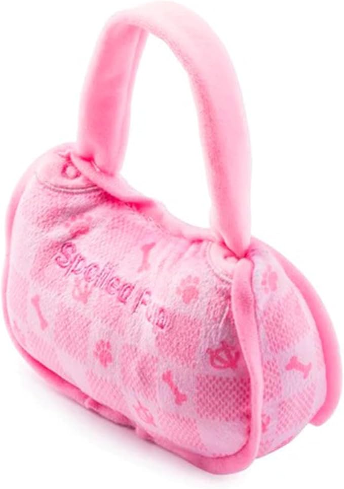 Haute Diggity Dog Chewy Vuiton Handbag Plush Squeaky Dog Toy, Soft Durable Designer-Inspired Stuffed Puppy Chew Toys for Small & Medium Dogs, Machine-Washable (Pink Checker) Small