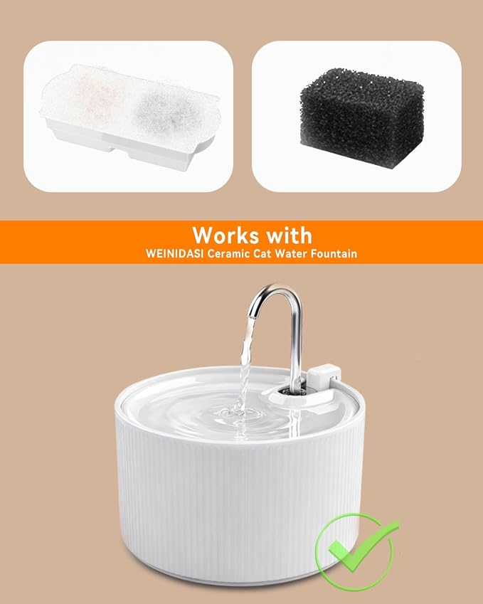 Ceramic Cat Water Fountain, 2.2L/74oz Cat Fountains for Drinking Indoor, Pet Water Fountain with Ultra-Quiet Pump (6 Filters + 6 Sponges)