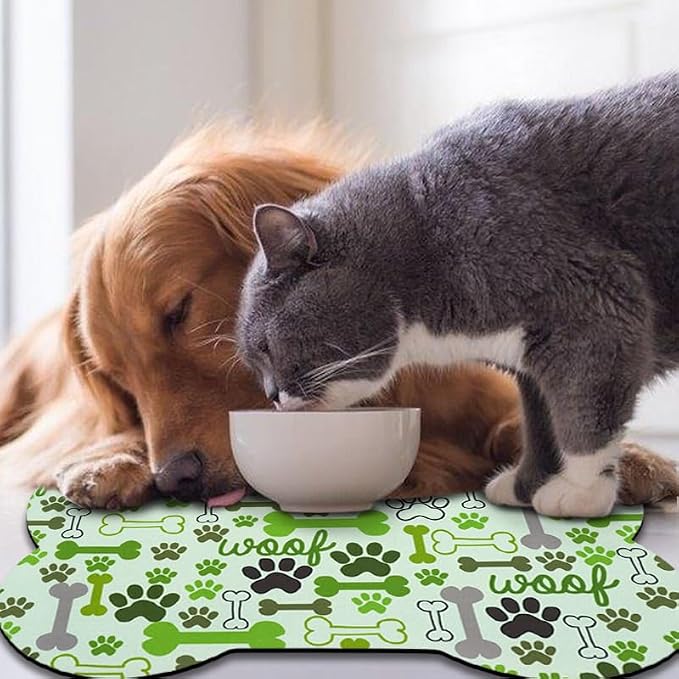 Dog Food Mats for Floors Waterproof, Pet Feeding Absorbent Water Bowl Mat Cat Placemats Green Bone Shape 19 * 12 inch