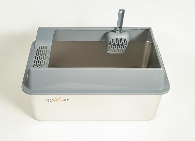 Open Stainless Steel Cat Litter Boxs 21.7" Lx 12.6" W x 11.8" H with Scoop.Particularly Well-Suited to Large Cats