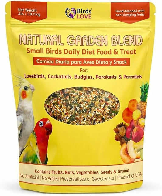 Birds LOVE Natural Garden Blend Bird Food for Small Birds, 4 lb - Hand Packed in USA, Natural Mix with Fruits, Seeds & Grains for Lovebirds, Cockatiels, Budgies & Parakeets