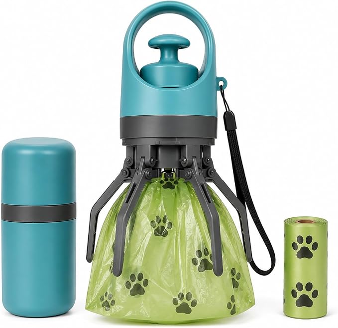 Portable Dog Poop Scooper with Built-in Bag Dispenser One Hand Pet Waste Picker, Lightweight Dog Waste Grabber with 15 PCS Waste Bags for Walking, Yard & Travel