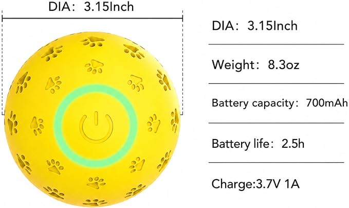 Interactive Dog Toy Ball, Durable Motion Activated Automatic Moving Ball for Small/Medium/Large Dogs, Rechargeable Dog Ball with LED Lights, 2 Play Modes to Keep Your Dog Busy (Yellow)