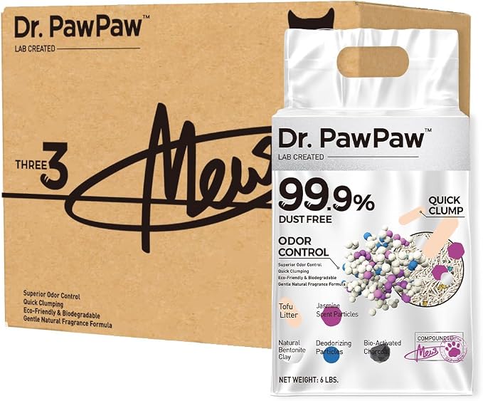 Tofu Cat Litter, Dr. PawPaw Clumping Cat Litter, Jasmine Scent 18 lb (3 x 6 lb Bags), Dust-Free Keep Kitty Tidy, Superior Odor Control Keep Step Fresh